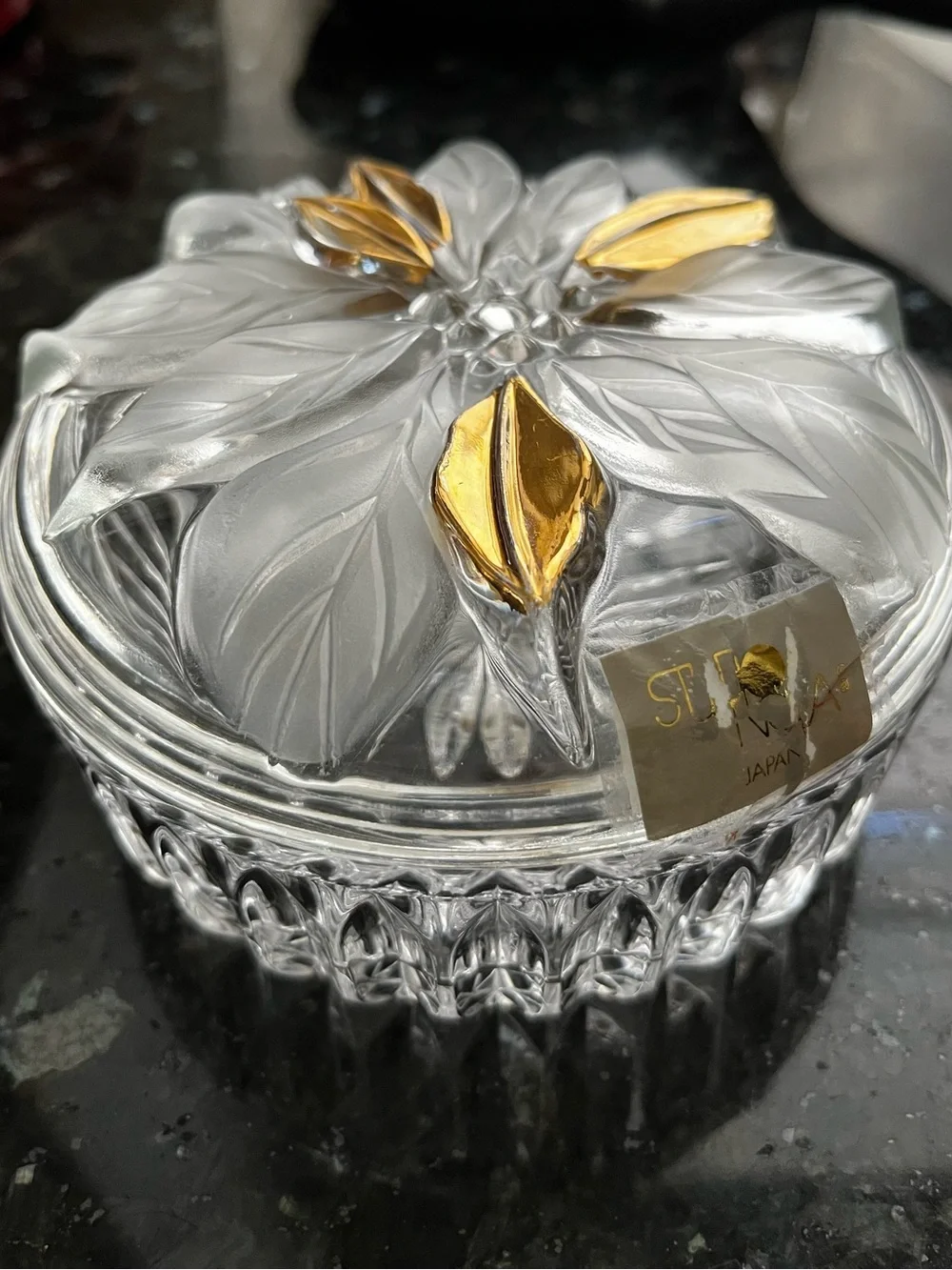 VTG Studio Nova Japan  Golden Poinsettia Round covered crystal Trinket,candy Box